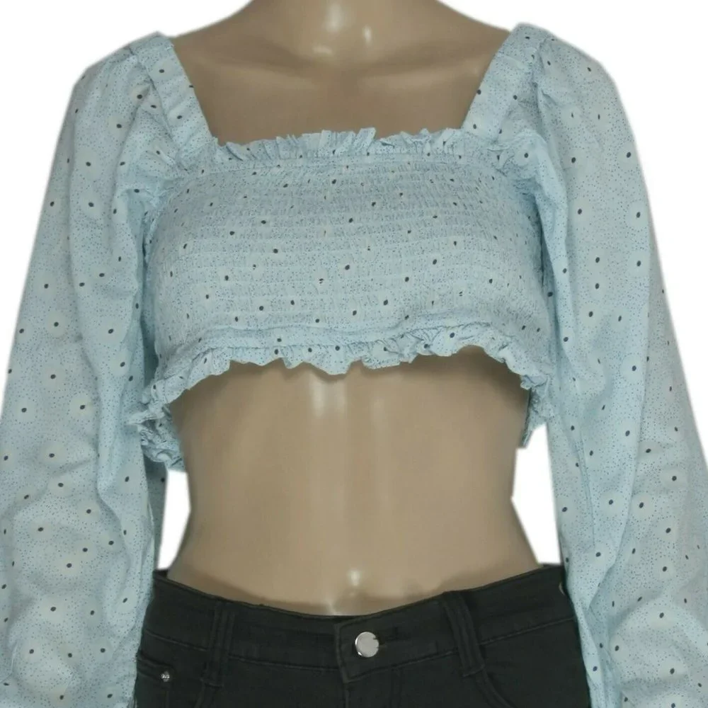 UO Victoria Smocked Cropped Top Floral Printed Blue